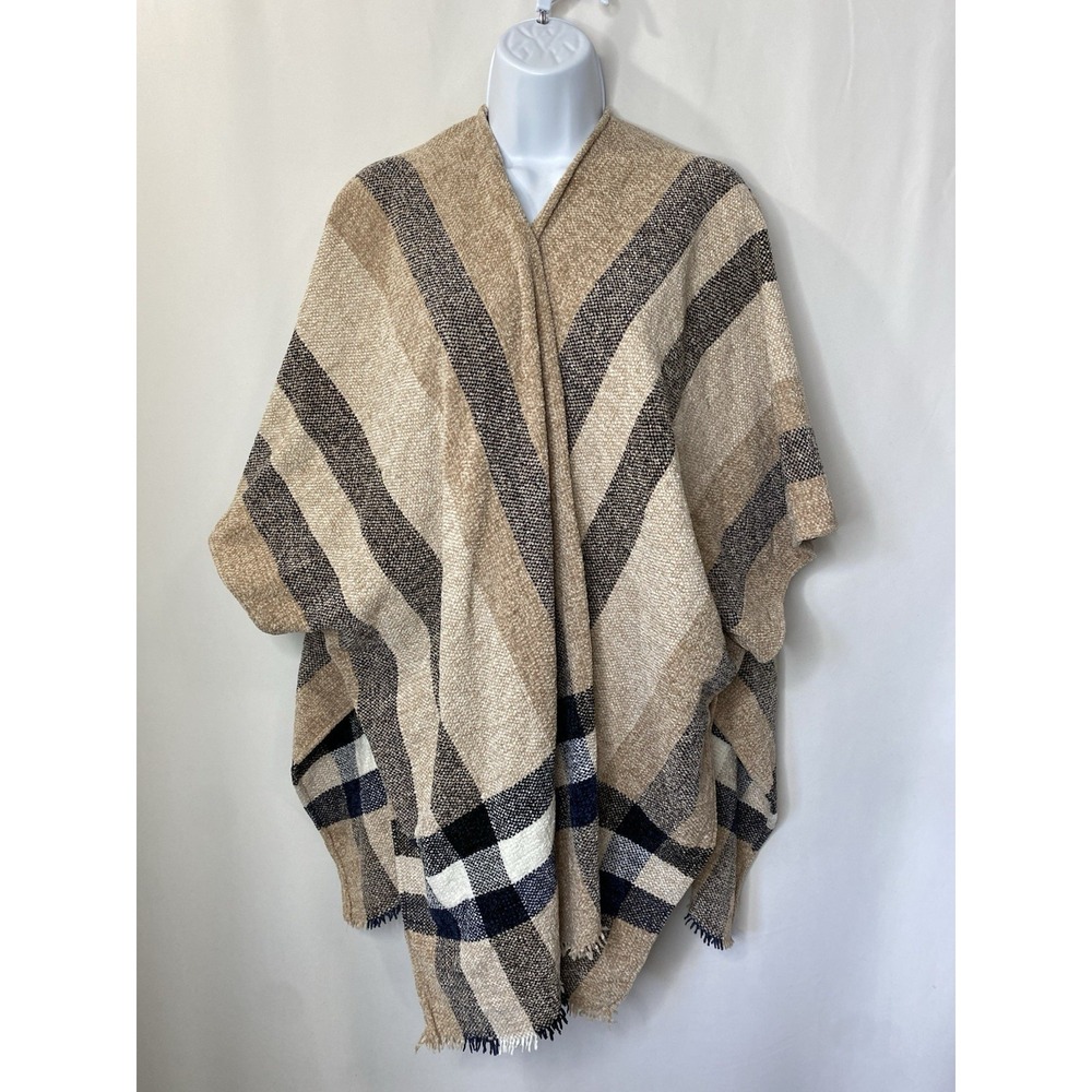 Style & Co Plaid Chenille Topper Womens Cape Sweater Natural One Size Fall Soft